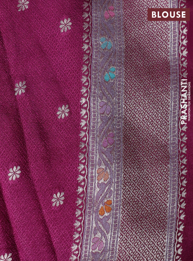 Banarasi tissue silk saree wine shade with allover thread woven floral weaves and silver zari woven border