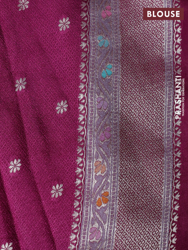 Banarasi tissue silk saree wine shade with allover thread woven floral weaves and silver zari woven border
