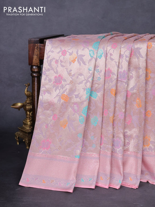 Banarasi tissue silk saree peach pink with allover thread woven floral weaves and silver zari woven border