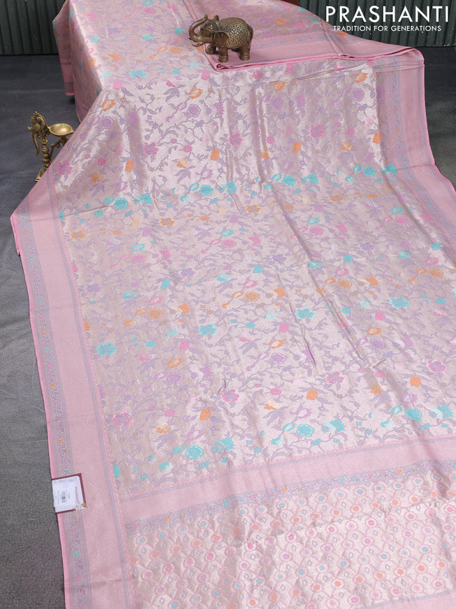 Banarasi tissue silk saree peach pink with allover thread woven floral weaves and silver zari woven border