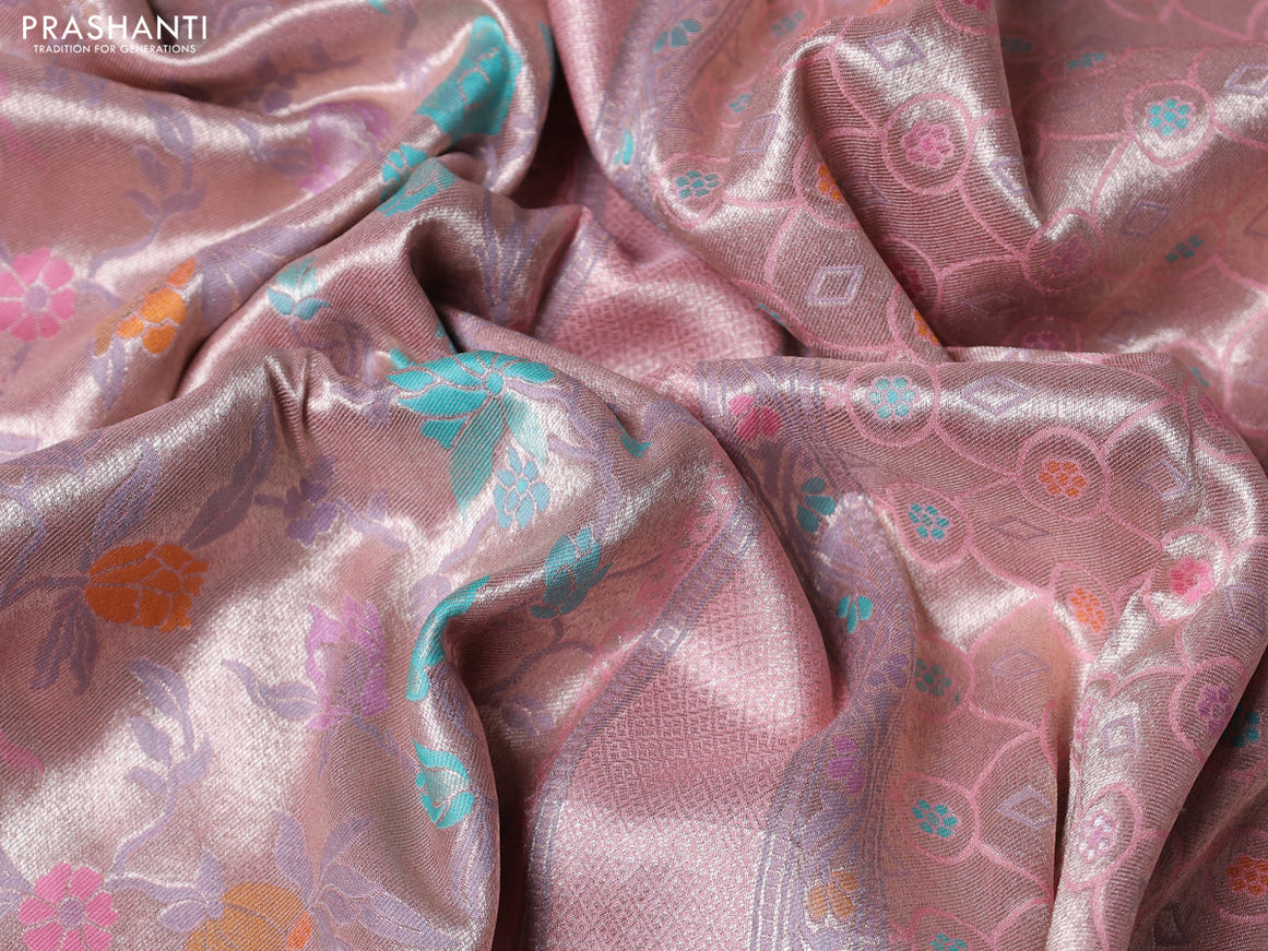 Banarasi tissue silk saree peach pink with allover thread woven floral weaves and silver zari woven border