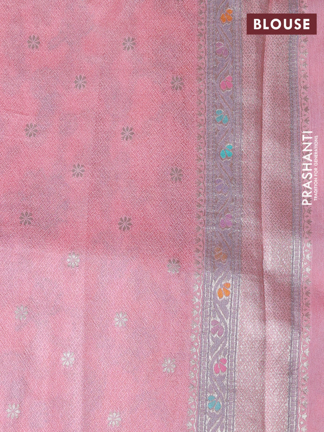 Banarasi tissue silk saree peach pink with allover thread woven floral weaves and silver zari woven border