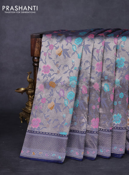 Banarasi tissue silk saree navy blue with allover thread woven floral weaves and silver zari woven border