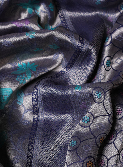 Banarasi tissue silk saree navy blue with allover thread woven floral weaves and silver zari woven border