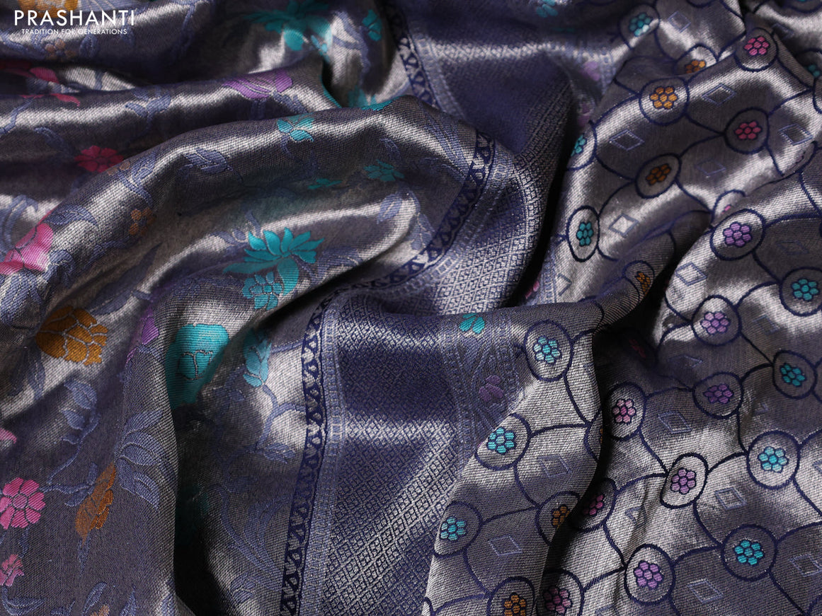 Banarasi tissue silk saree navy blue with allover thread woven floral weaves and silver zari woven border