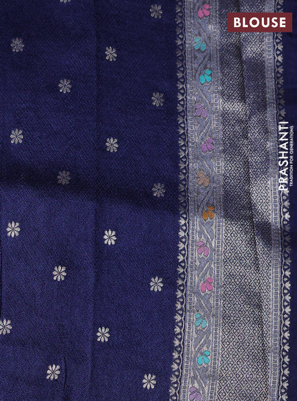 Banarasi tissue silk saree navy blue with allover thread woven floral weaves and silver zari woven border