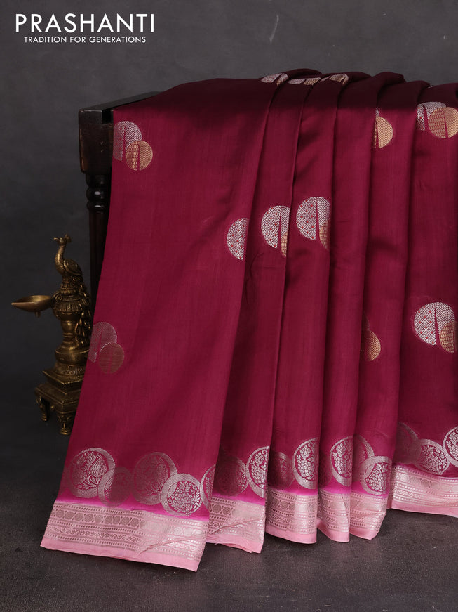Chiniya silk saree wine shade and peach pink with silver & gold zari woven buttas and zari woven border