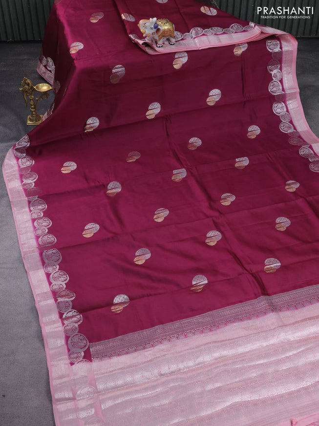 Chiniya silk saree wine shade and peach pink with silver & gold zari woven buttas and zari woven border