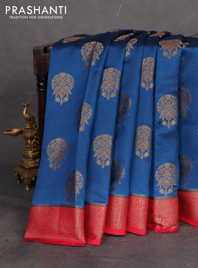Chiniya silk saree peacock blue and maroon with thread & zari woven buttas and woven border