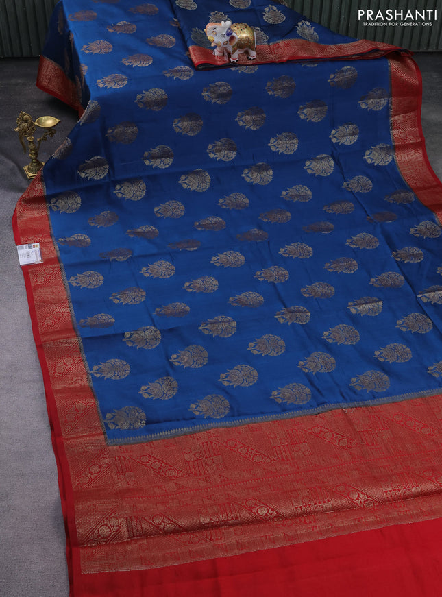 Chiniya silk saree peacock blue and maroon with thread & zari woven buttas and woven border