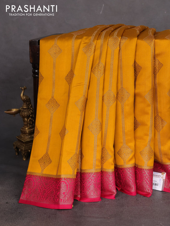 Chiniya silk saree mustard yellow and dark pink with allover thread & zari weaves and woven border