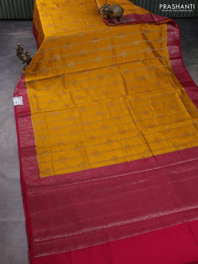 Chiniya silk saree mustard yellow and dark pink with allover thread & zari weaves and woven border