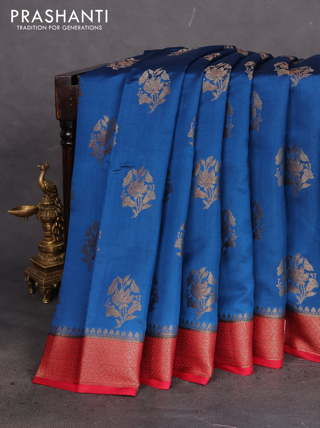 Chiniya silk saree peacock blue and maroon with thread & zari woven floral buttas and woven border