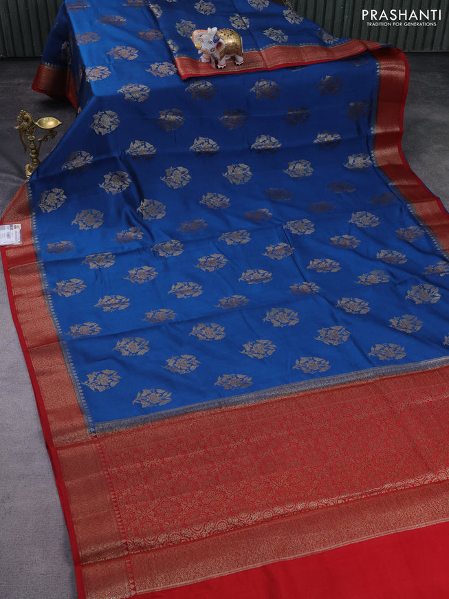 Chiniya silk saree peacock blue and maroon with thread & zari woven floral buttas and woven border