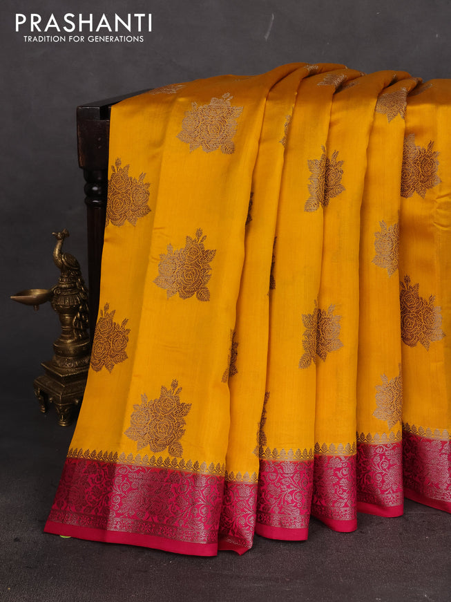 Chiniya silk saree yellow and dark magenta pink with thread & zari woven floral buttas and woven border