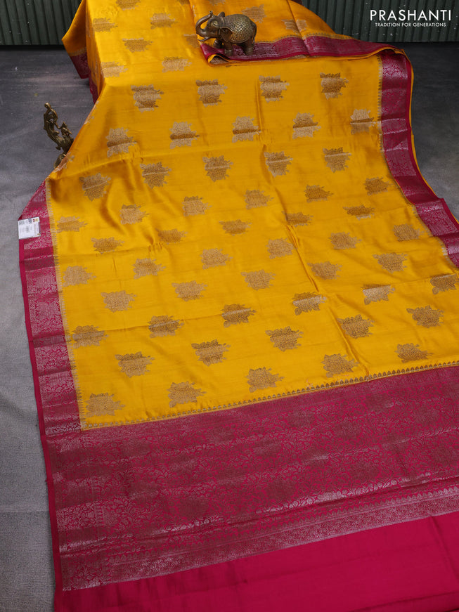 Chiniya silk saree yellow and dark magenta pink with thread & zari woven floral buttas and woven border