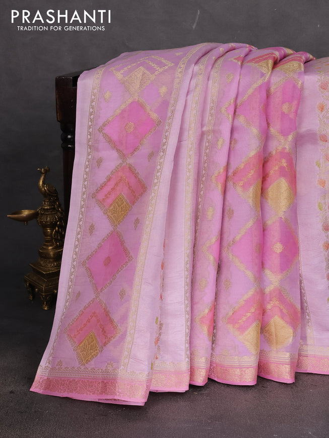Chiniya silk saree mild lavender and lotus pink with allover zari weaves and small zari woven border