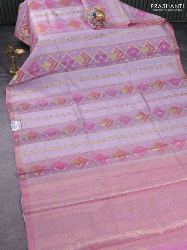 Chiniya silk saree mild lavender and lotus pink with allover zari weaves and small zari woven border