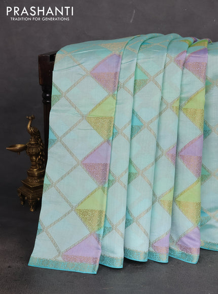 Chiniya silk saree teal blue with allover geometric zari weaves and small zari woven border