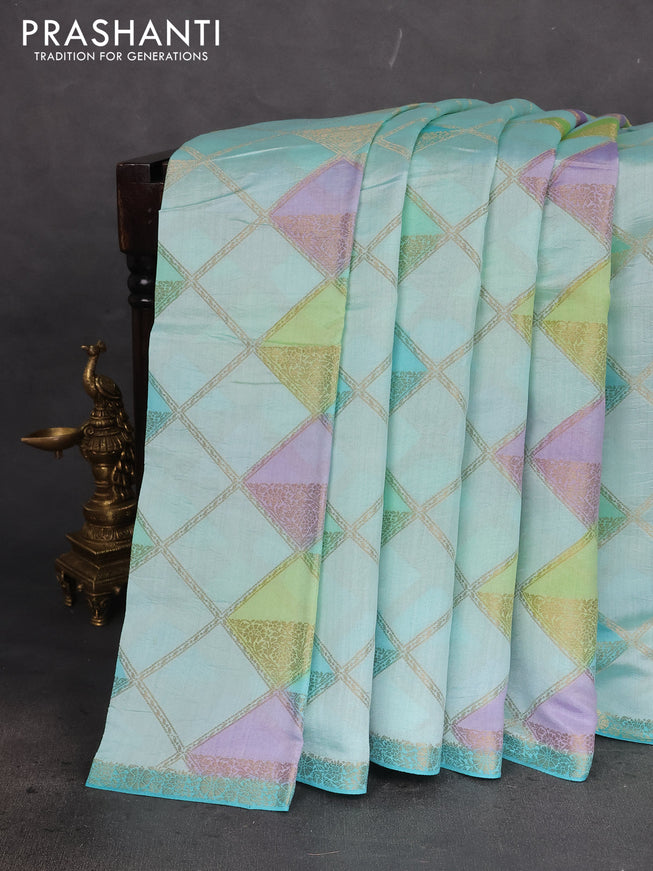 Chiniya silk saree teal blue with allover geometric zari weaves and small zari woven border