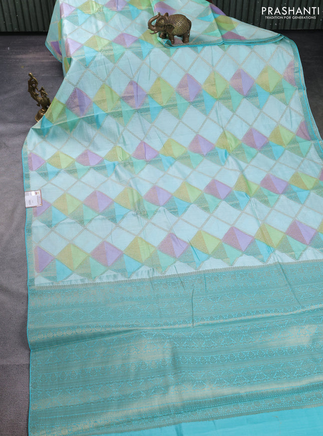 Chiniya silk saree teal blue with allover geometric zari weaves and small zari woven border