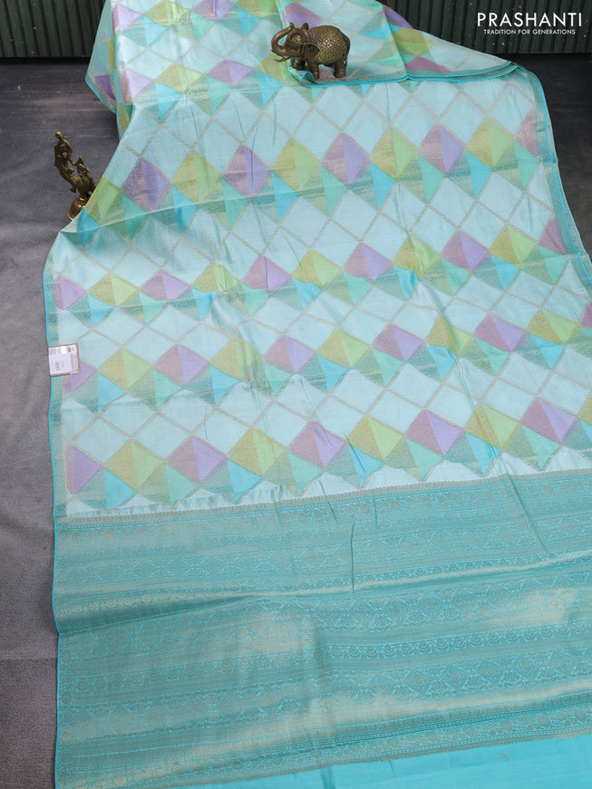 Chiniya silk saree teal blue with allover geometric zari weaves and small zari woven border