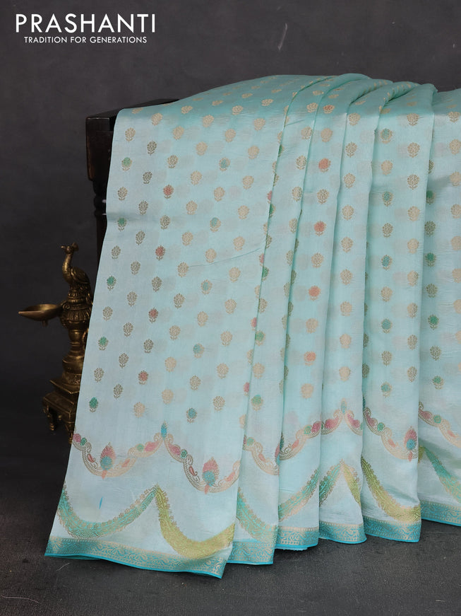 Chiniya silk saree teal blue with allover zari woven buttas and zari woven border