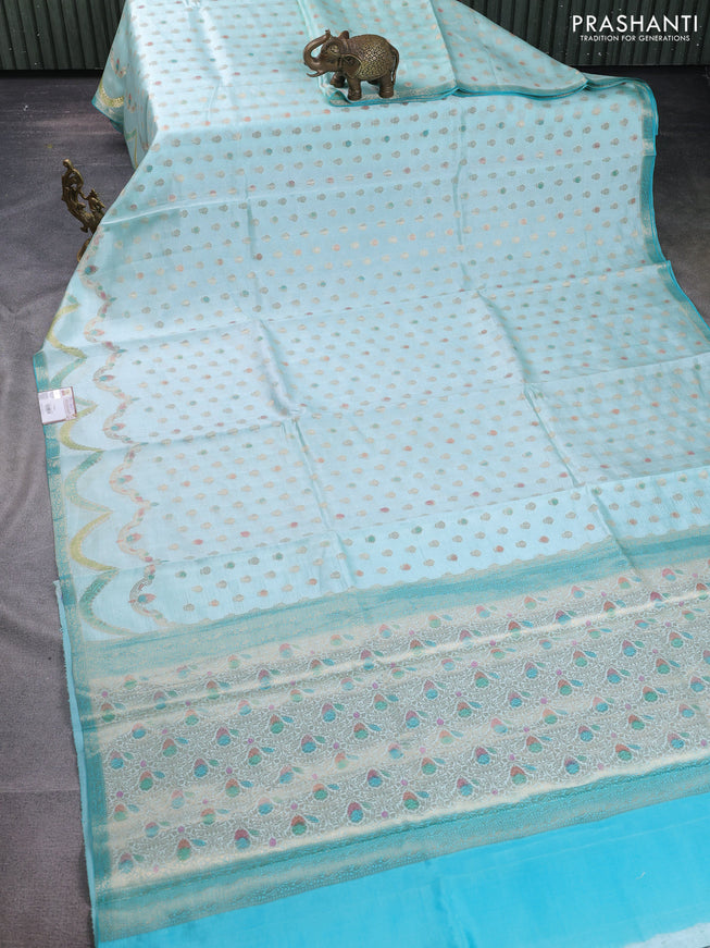 Chiniya silk saree teal blue with allover zari woven buttas and zari woven border