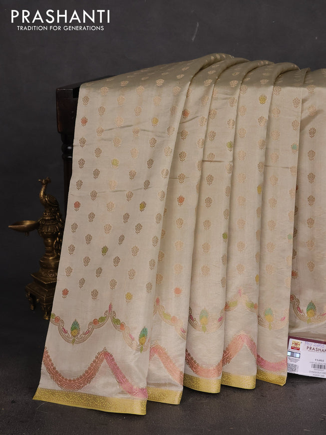 Chiniya silk saree cream and lime green with allover zari woven buttas and zari woven border