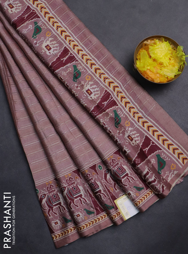 Semi tussar saree pastel peach with zari stripes pattern and patola printed border