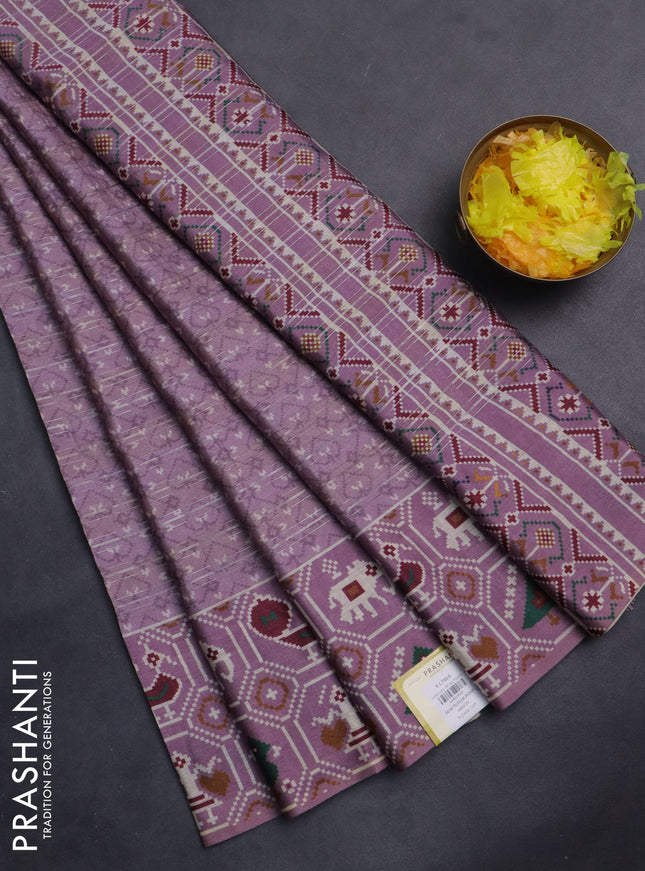 Semi tussar saree mild purple with zari stripes pattern and patola printed border