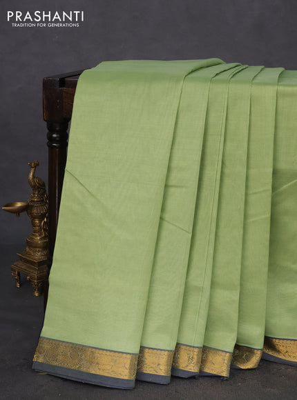 10 Yards silk cotton saree pastel green and navy blue with plain body and annam zari woven border