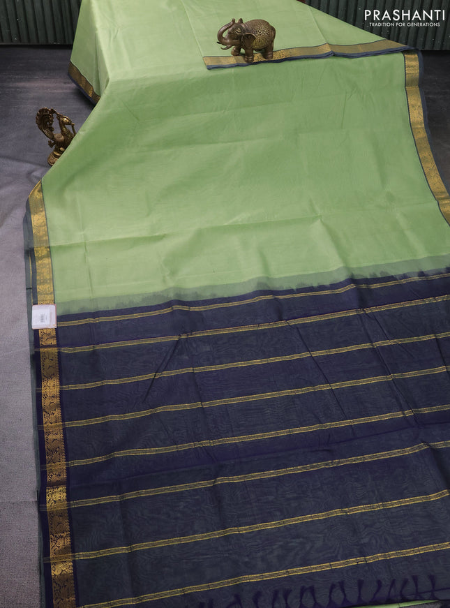 10 Yards silk cotton saree pastel green and navy blue with plain body and annam zari woven border