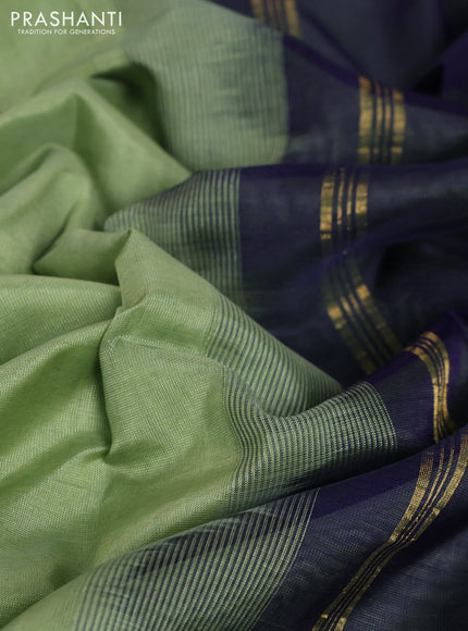 10 Yards silk cotton saree pastel green and navy blue with plain body and annam zari woven border