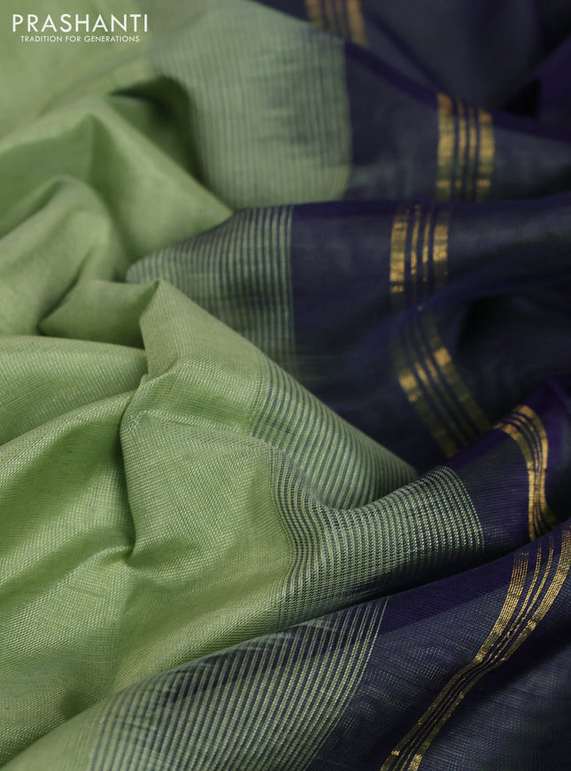 10 Yards silk cotton saree pastel green and navy blue with plain body and annam zari woven border