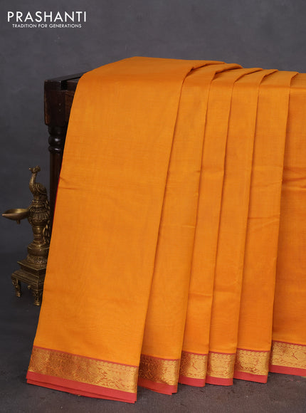 10 Yards silk cotton saree mustard yellow and red with plain body and annam zari woven border