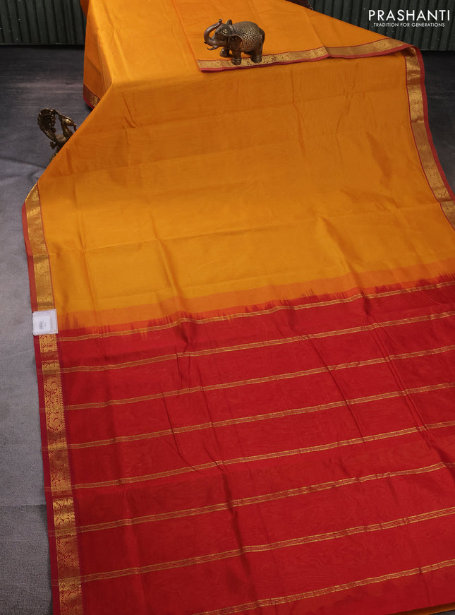 10 Yards silk cotton saree mustard yellow and red with plain body and annam zari woven border