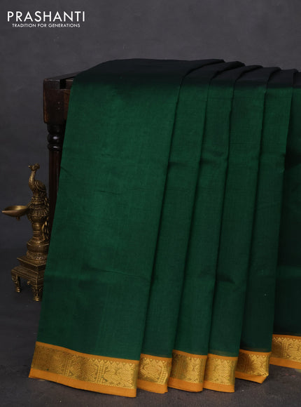 10 Yards silk cotton saree dark green and dark mustard with plain body and annam zari woven border