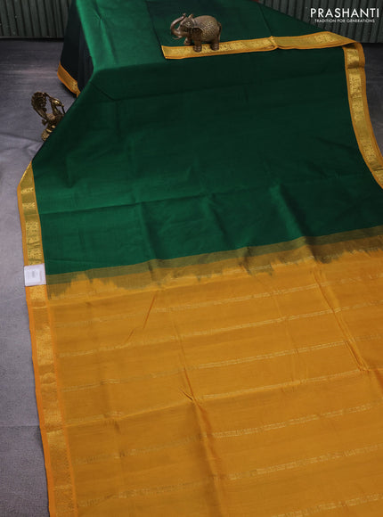 10 Yards silk cotton saree dark green and dark mustard with plain body and annam zari woven border