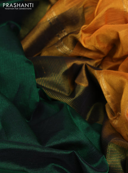 10 Yards silk cotton saree dark green and dark mustard with plain body and annam zari woven border