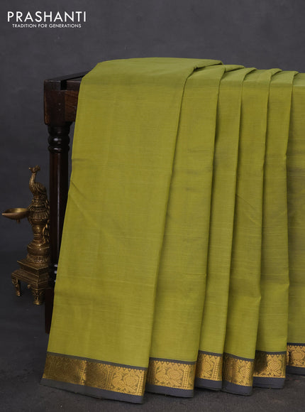 10 Yards silk cotton saree mehendi green and blue with plain body and annam zari woven border