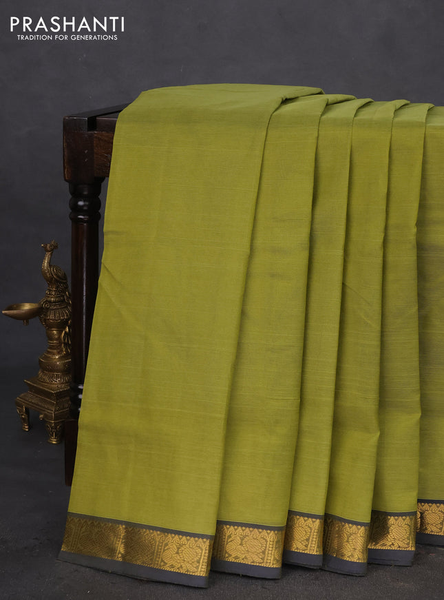 10 Yards silk cotton saree mehendi green and blue with plain body and annam zari woven border