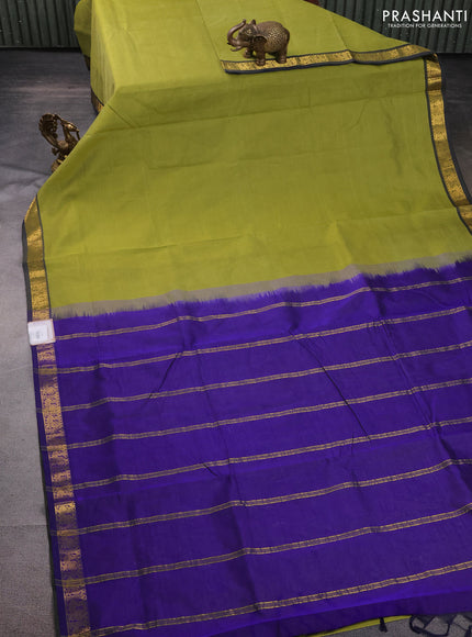 10 Yards silk cotton saree mehendi green and blue with plain body and annam zari woven border