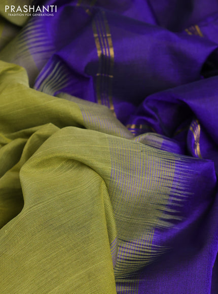 10 Yards silk cotton saree mehendi green and blue with plain body and annam zari woven border