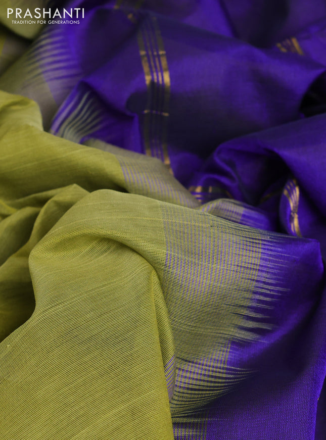 10 Yards silk cotton saree mehendi green and blue with plain body and annam zari woven border