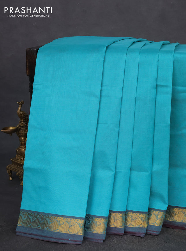 10 Yards silk cotton saree teal blue and wine shade with plain body and paisley zari woven border