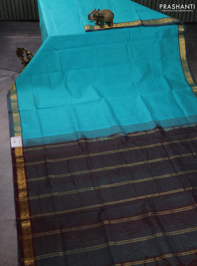 10 Yards silk cotton saree teal blue and wine shade with plain body and paisley zari woven border