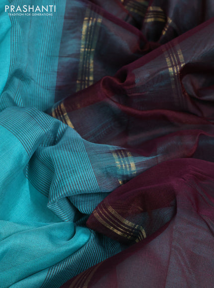 10 Yards silk cotton saree teal blue and wine shade with plain body and paisley zari woven border