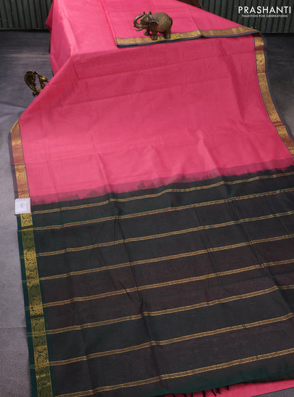 10 Yards silk cotton saree peach pink and bottle green with plain body and zari woven border