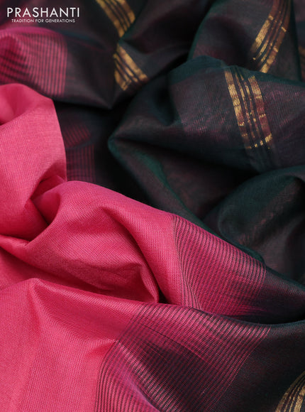 10 Yards silk cotton saree peach pink and bottle green with plain body and zari woven border